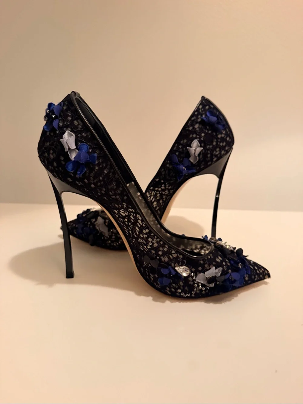 Casadei ‘Blade’ Stiletto Black Lace 3-D Floral & Embellishments